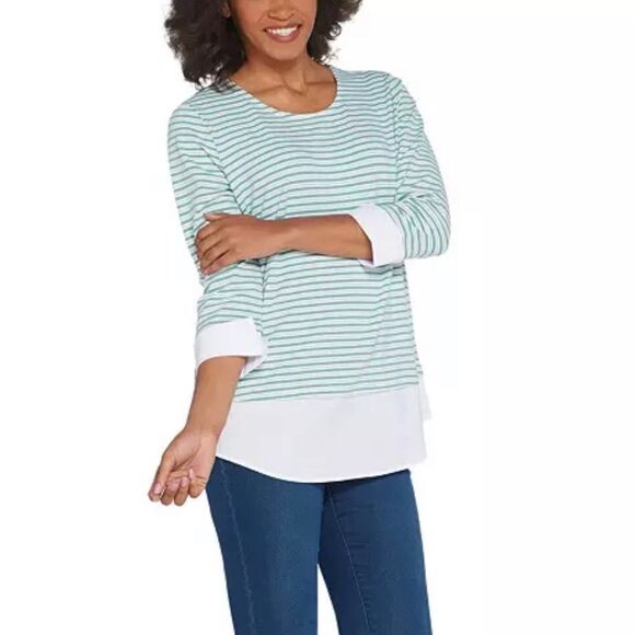 Martha Stewart Striped Poplin Cuffs and Hem Knit Top - Picture 3 of 6